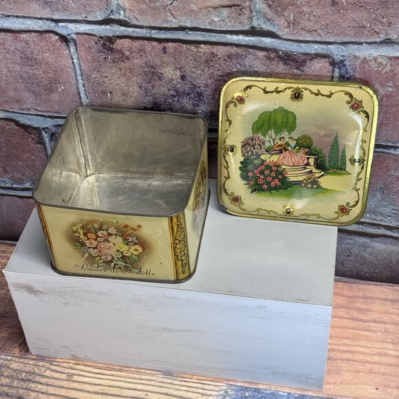 Vintage 1940’s Lander Poudre De Toilette Powder Tin Empty Courting Scene Floral - Picture 8 of 10